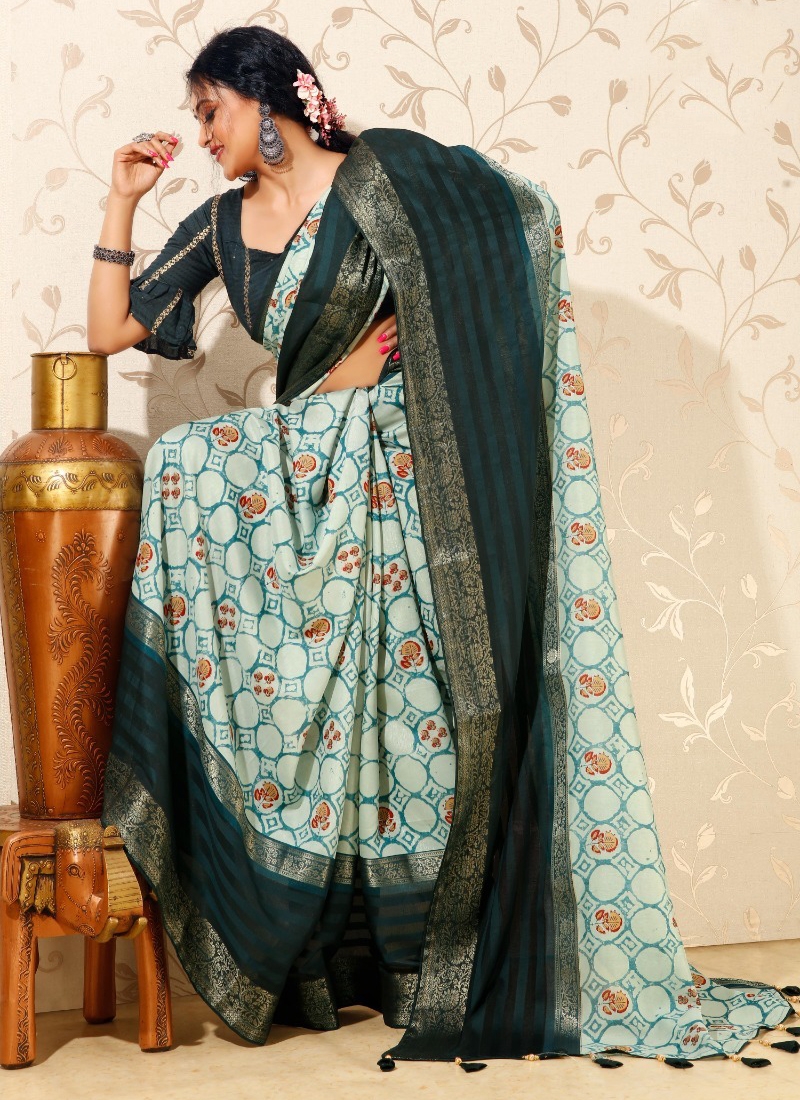 Partywear dola silk saree in Dark Green