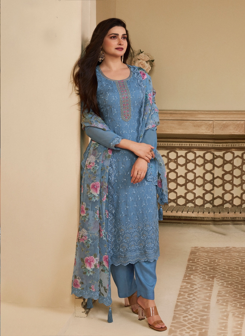 Designer party wear kurta pant set in Light Blue