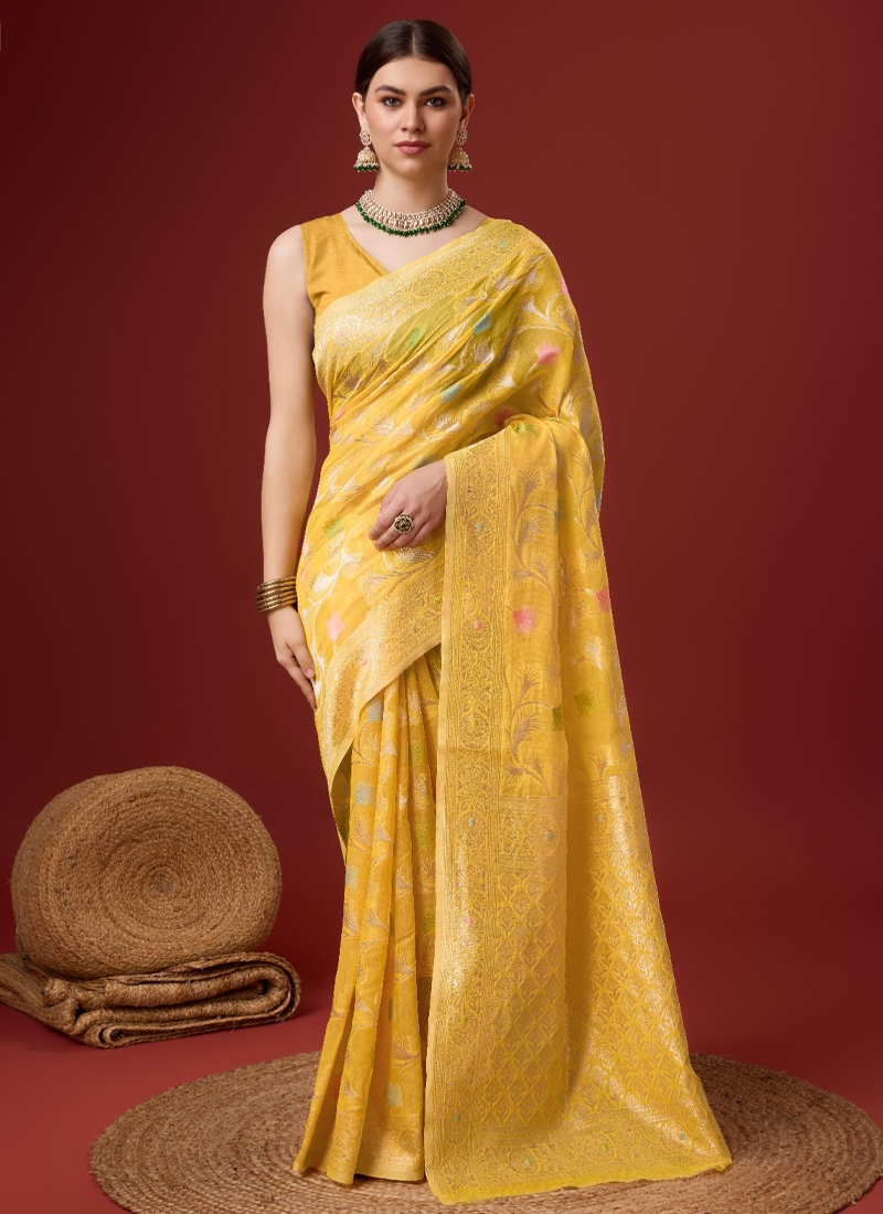 Partywear designer cotton digital saree in Yellow