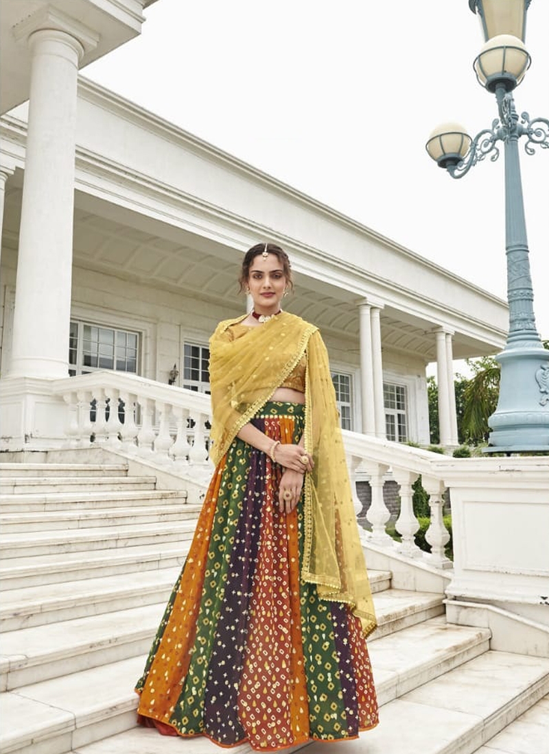 Georgette Fabric Amazing Digital Printed Lehenga in Golden