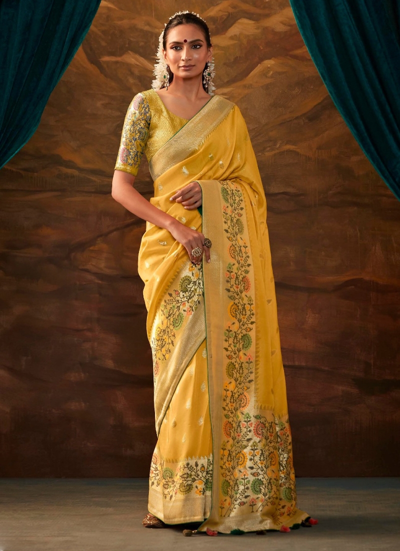 Viscose Banarasi dola silk saree in Yellow