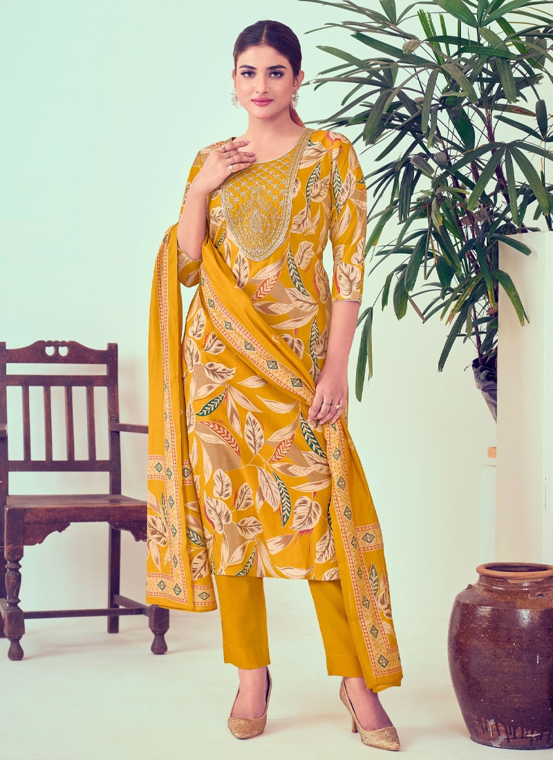 Fancy Modal Silk Readymade 3 Piece Design Suit in Yellow