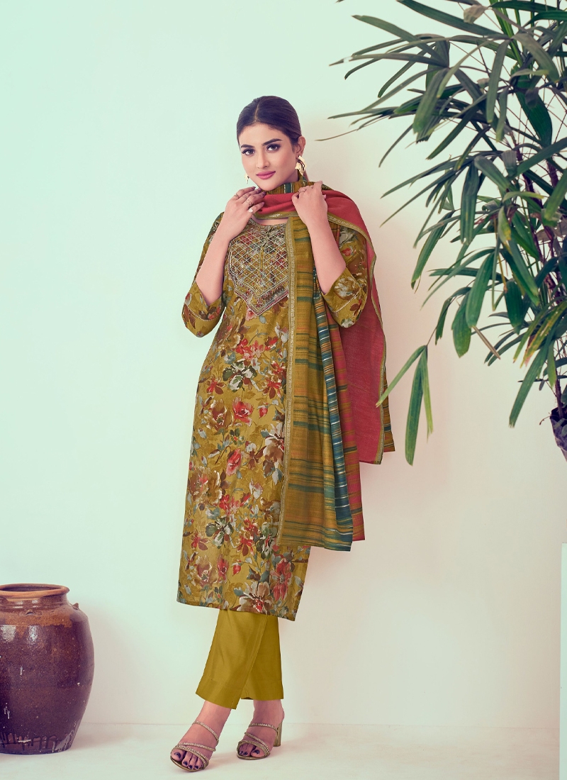 Fancy Modal Silk Readymade 3 Piece Design Suit in Mehendi Green