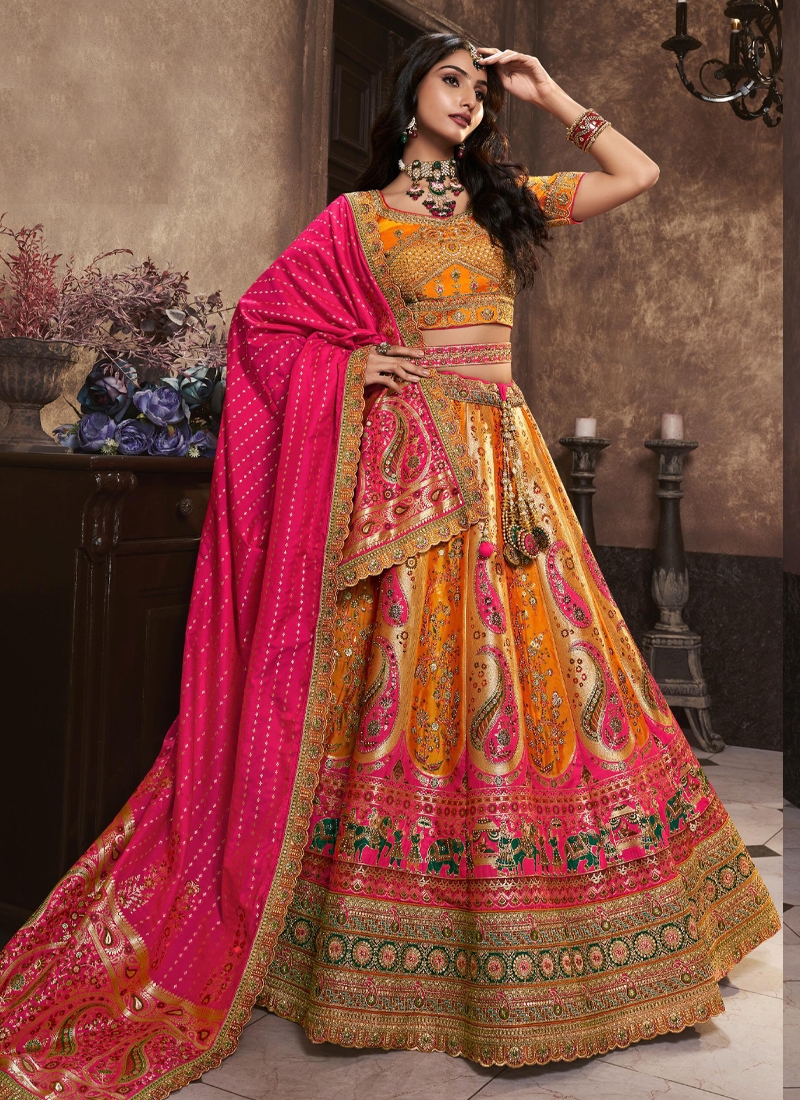 Exquisite silk work Bridal lehenga in yellow