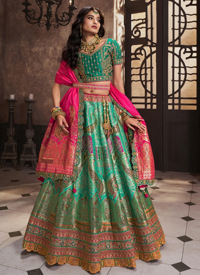 Trendy silk work Bridal lehenga in light Green