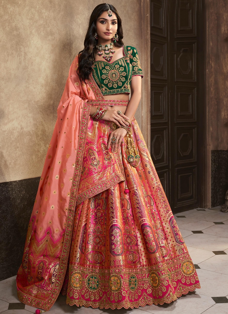 Exquisite silk work Bridal lehenga in Peach pink