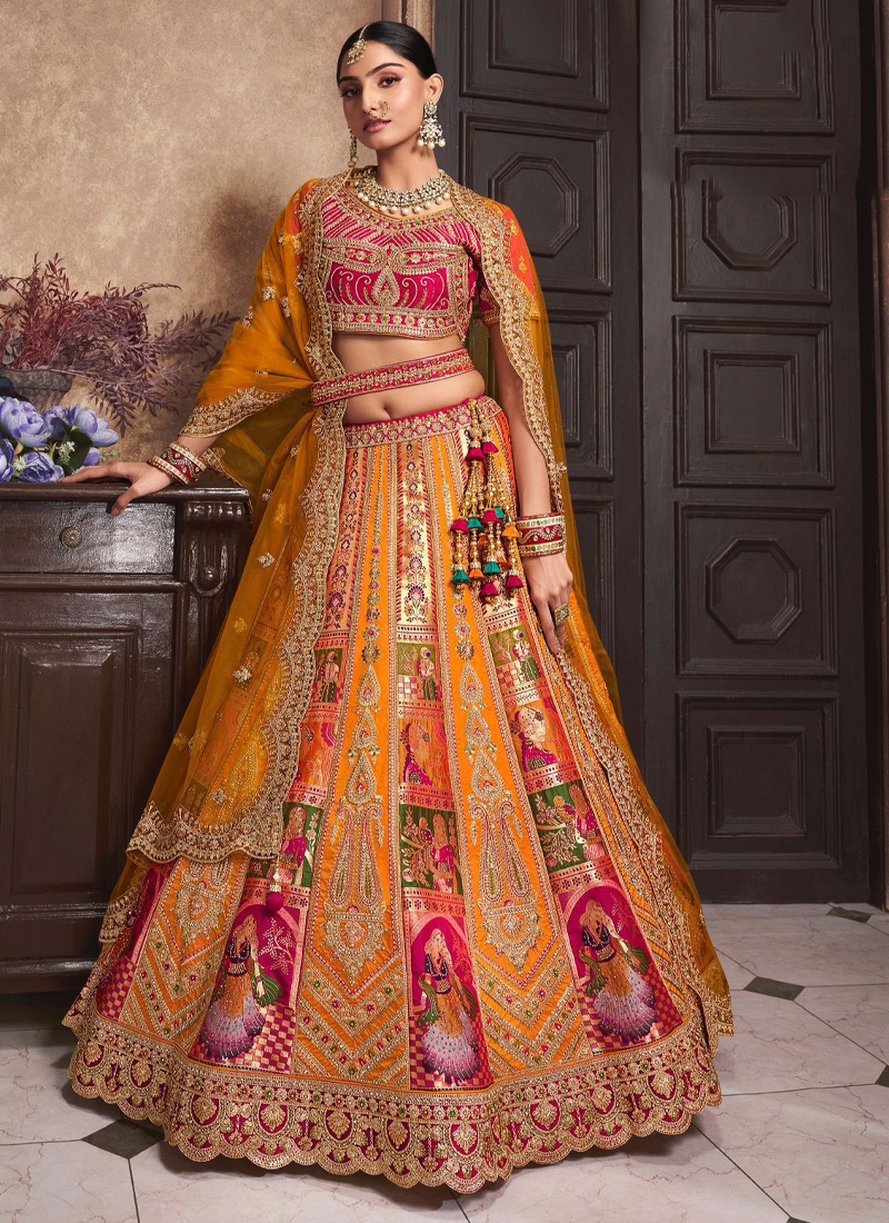 Trendy silk work Bridal lehenga in Yellow