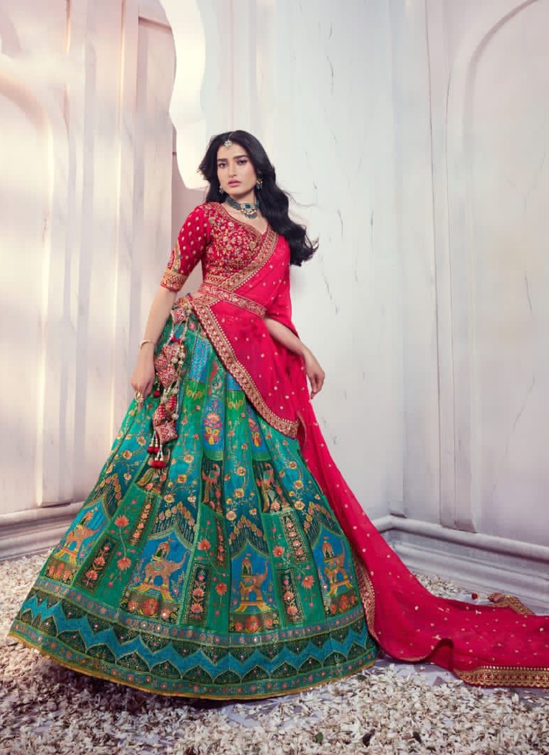 Exquisite silk work Bridal lehenga in dark Green