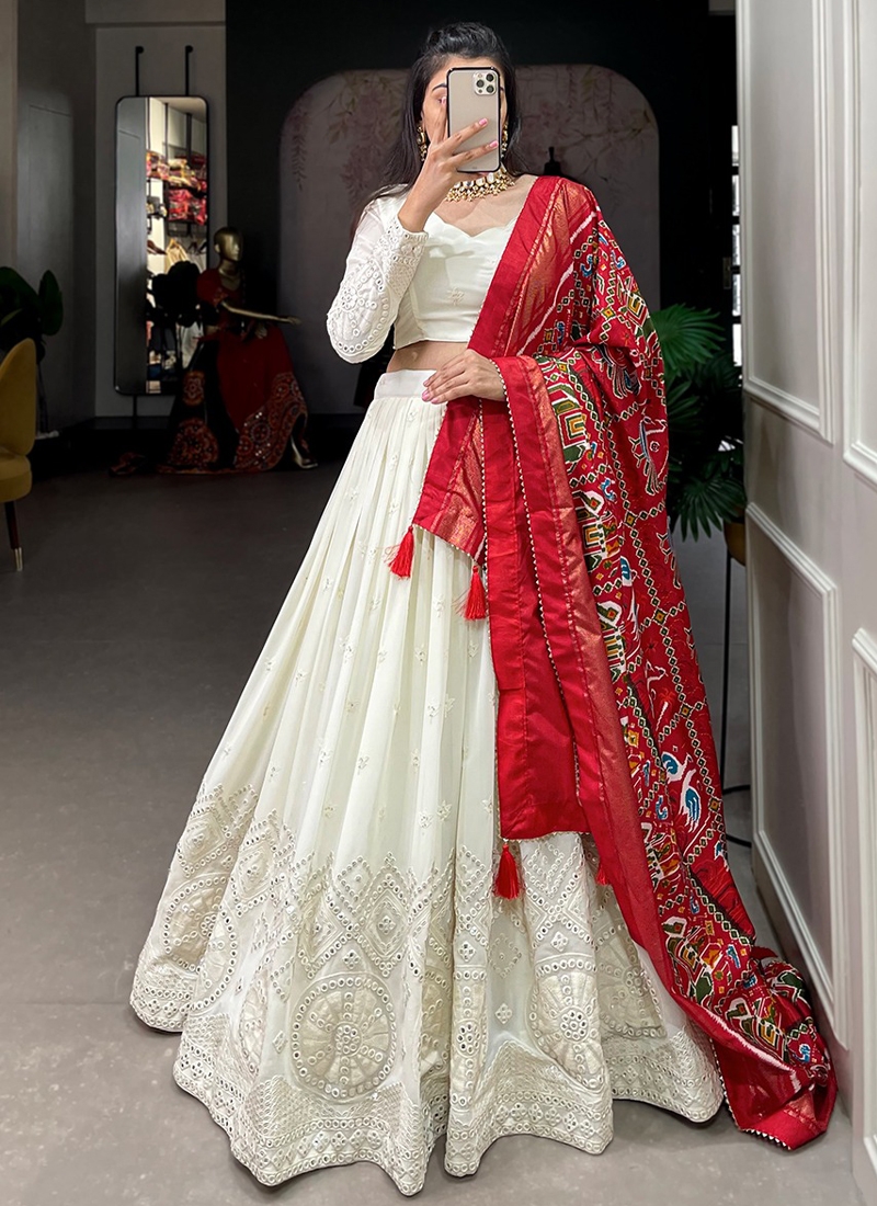 Lucknowi Paper Mirror Work Lehenga in Red