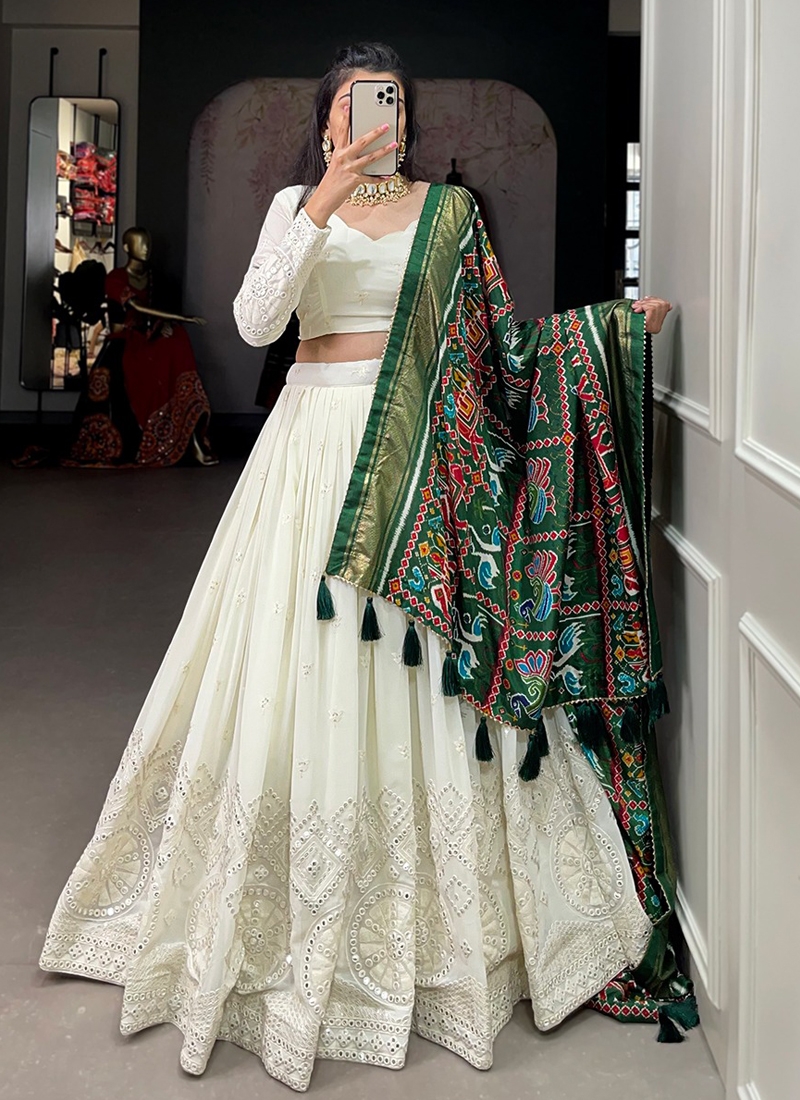 Lucknowi Paper Mirror Work Lehenga in Green