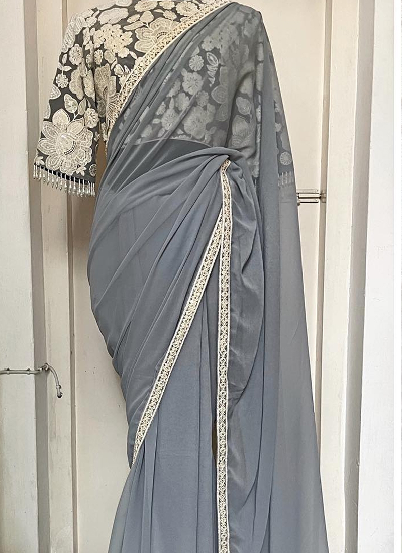 Partywear Georgette Saree With Designer Embroidery Lace Border in Grey