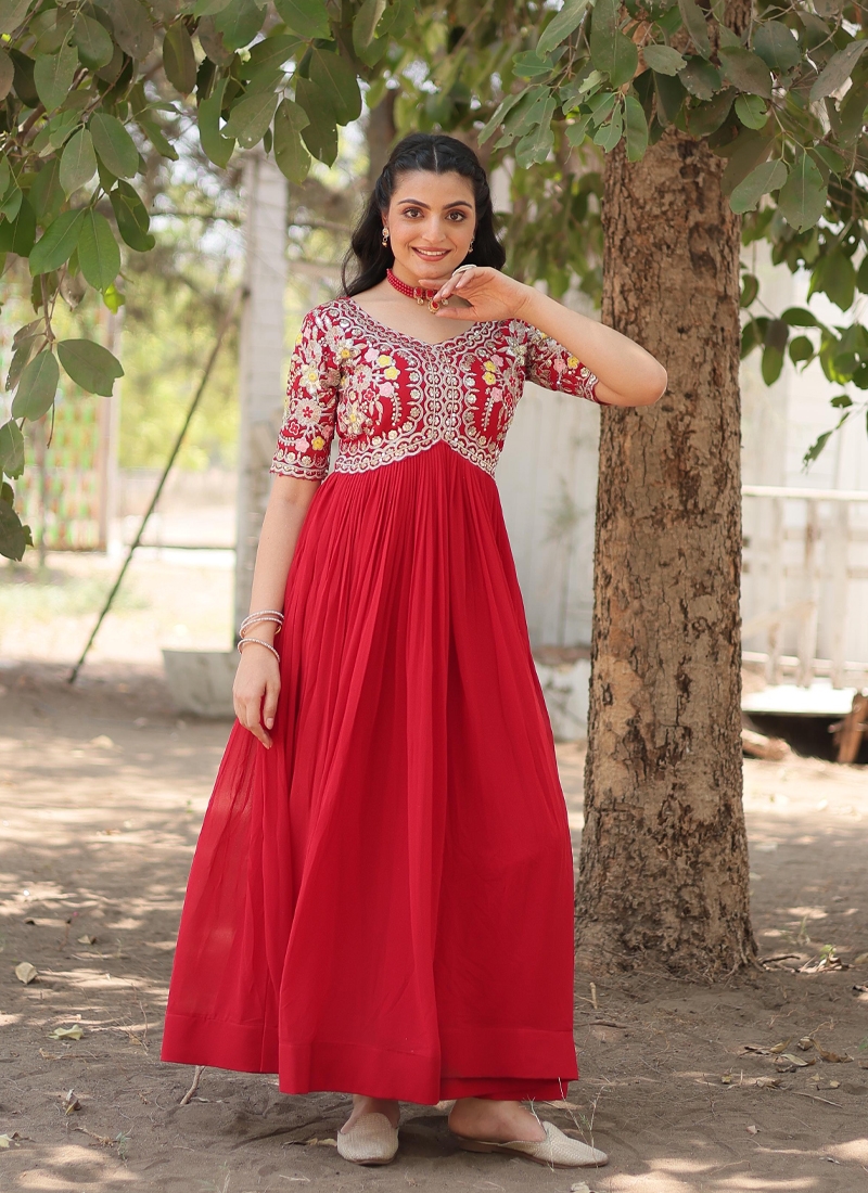 Wedding wear zari thread work gown in Red