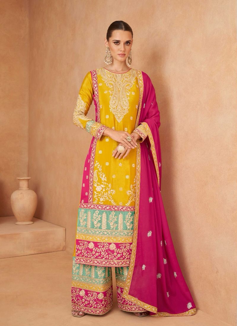 Designer suit plazo set with dupatta in Yellow