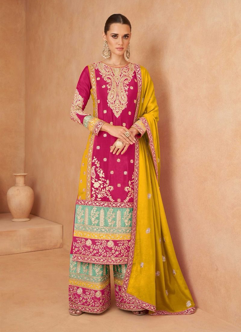 Designer suit plazo set with dupatta in Rani Pink