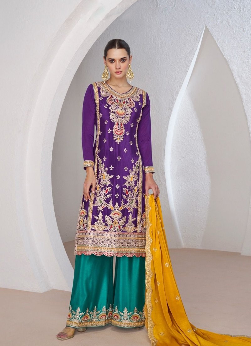 Readymade Zari Embroidered Palazzo Suit Set in Purple