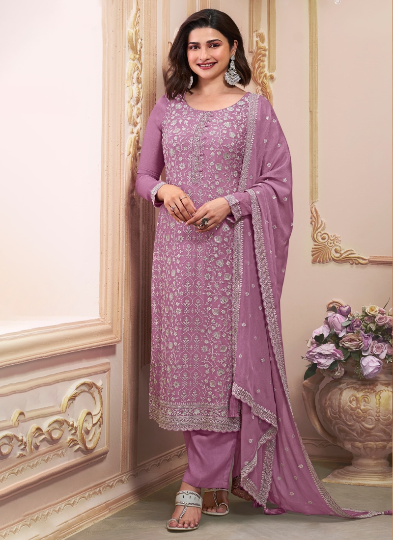 Chinon Embroidered Trendy Kurta Pant Set in Purple