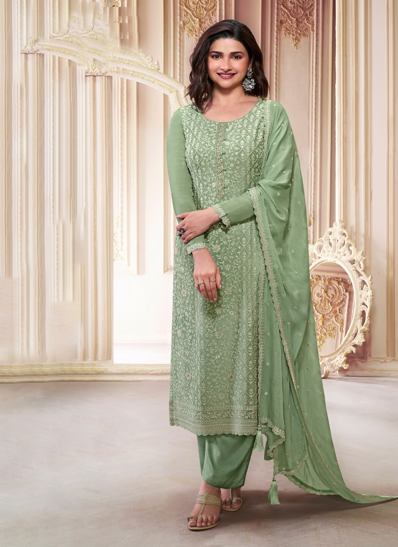 Chinon Embroidered Trendy Kurta Pant Set in Light Green