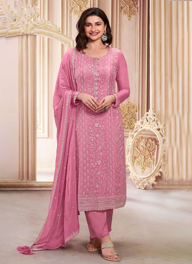 Chinon Embroidered Trendy Kurta Pant Set in Pink