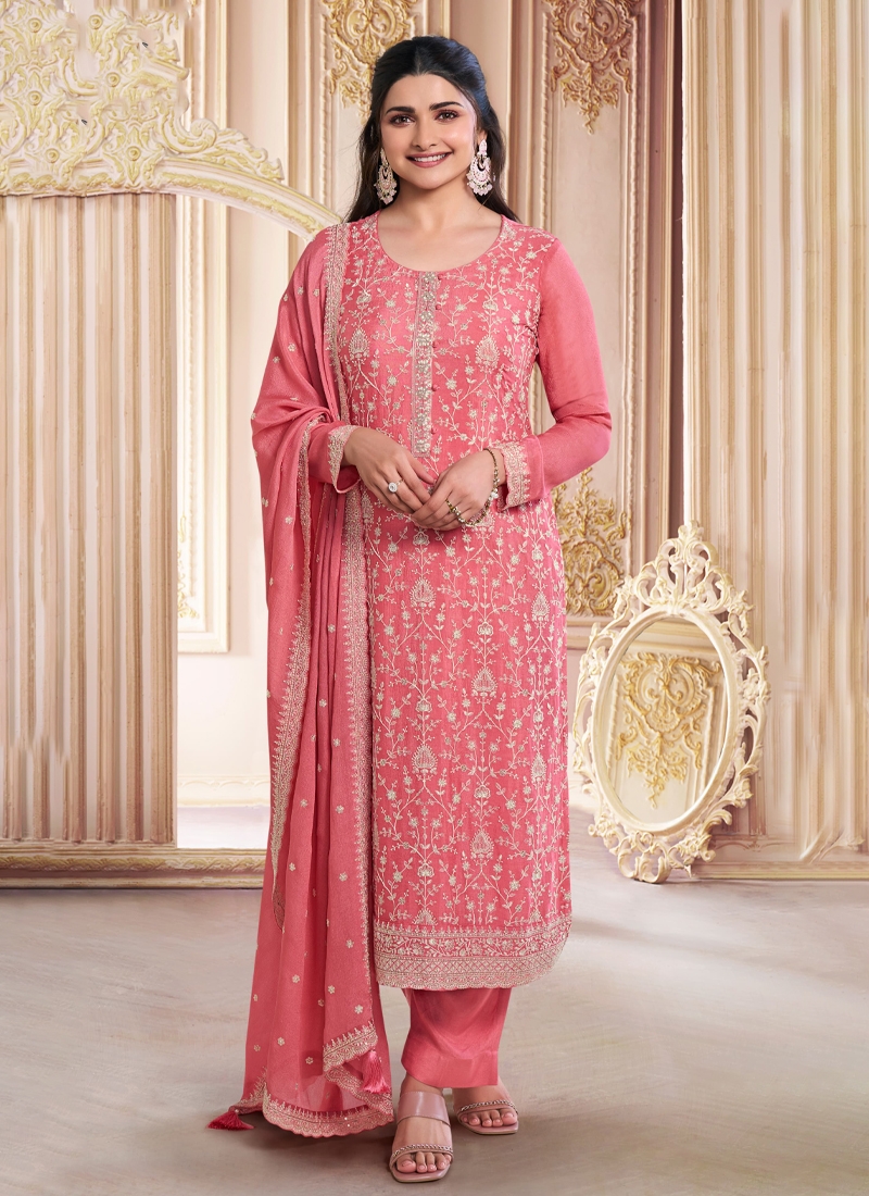 Chinon Embroidered Trendy Kurta Pant Set in Peach