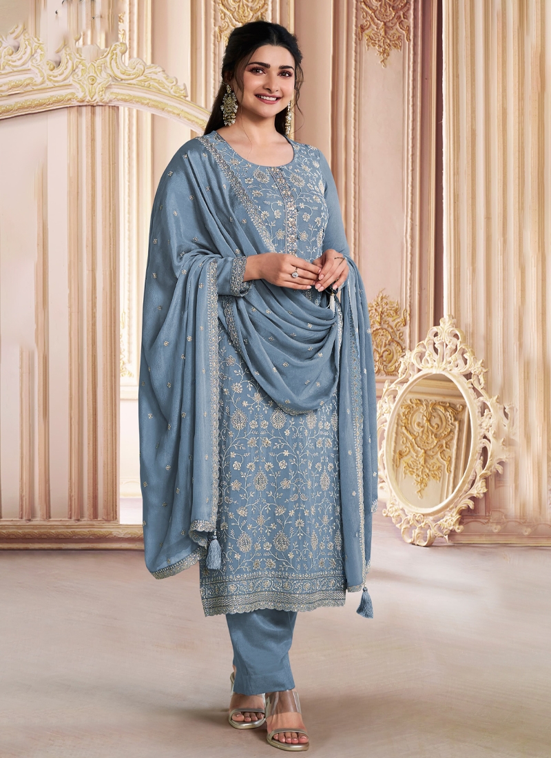 Chinon Embroidered Trendy Kurta Pant Set in Grey