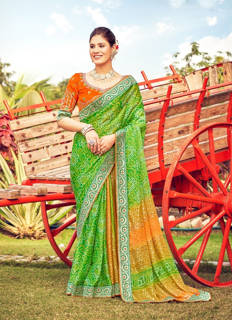 Women's traditional chiffon saree in Green