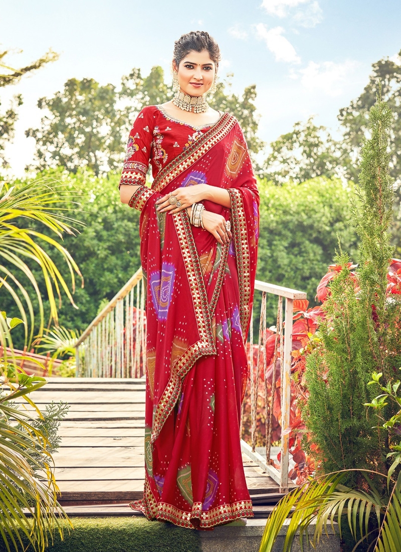 Women's traditional chiffon saree in Red