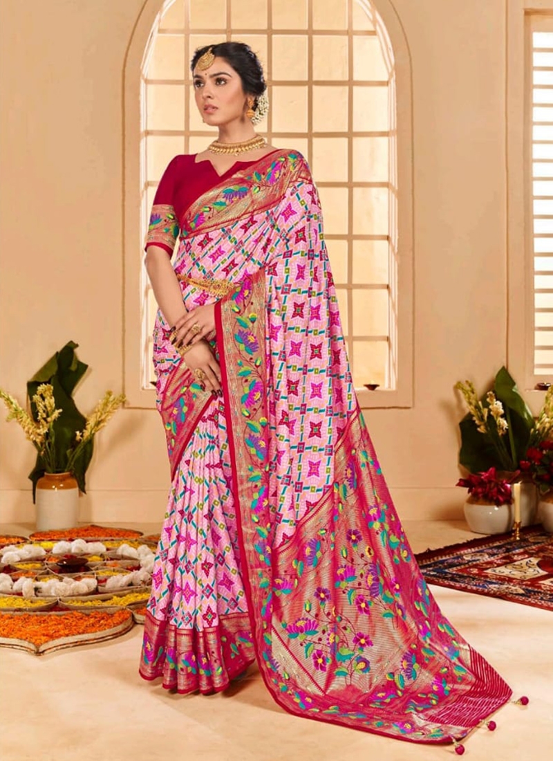 Indian classical silk saree with foil print in Red