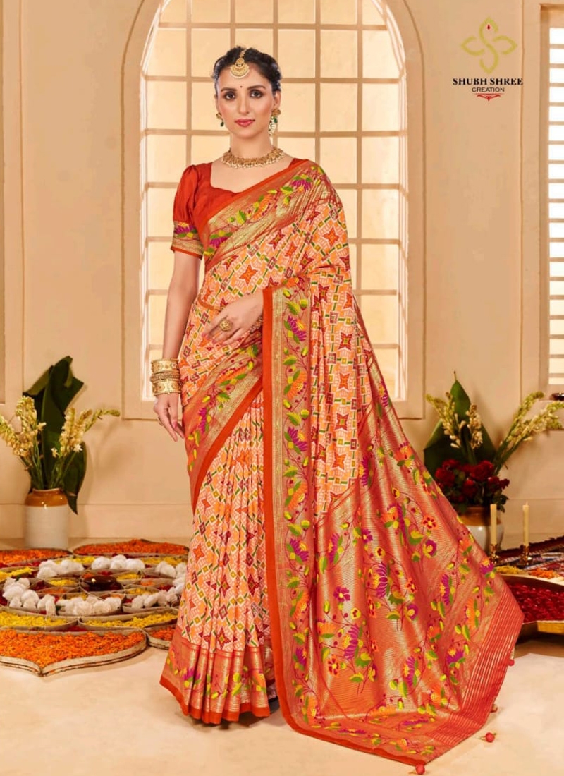 Indian classical silk saree with foil print in Orange