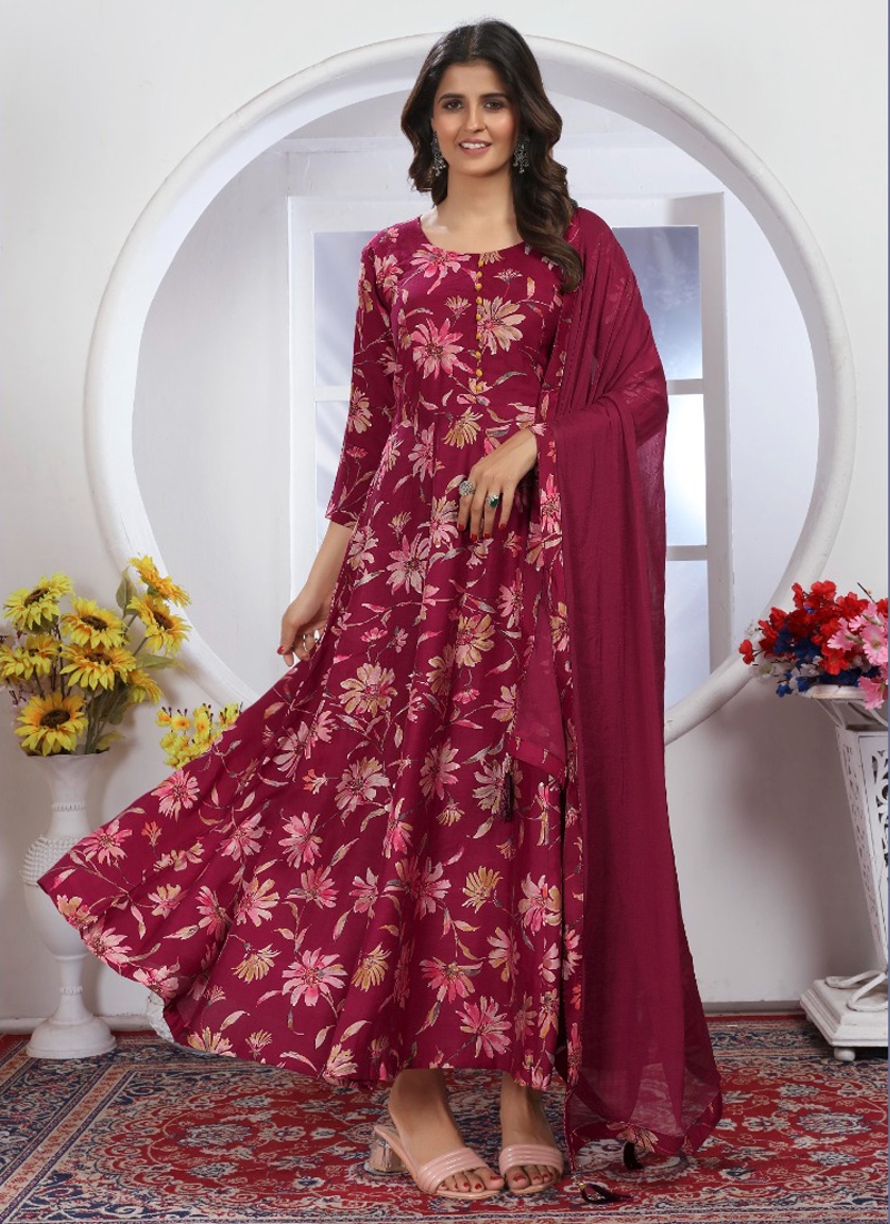 Stylish floral printed Anarkali suit set in Maroon