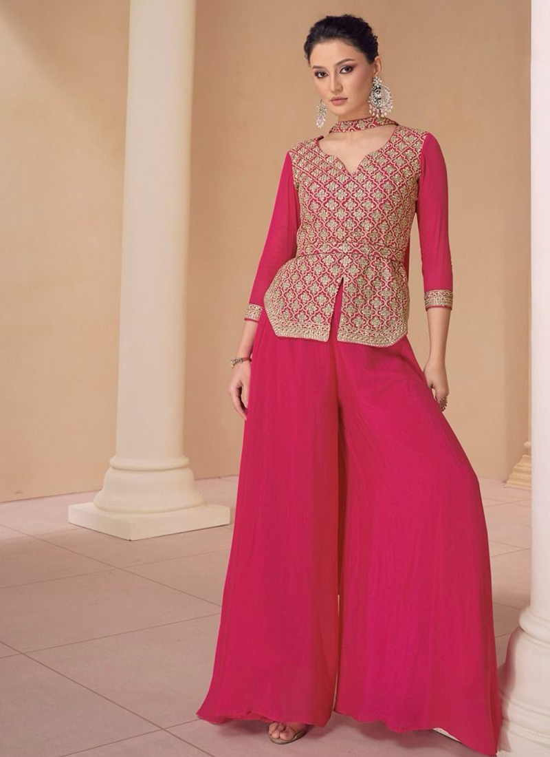 Embroidered georgette stunning crop top set in Rani Pink