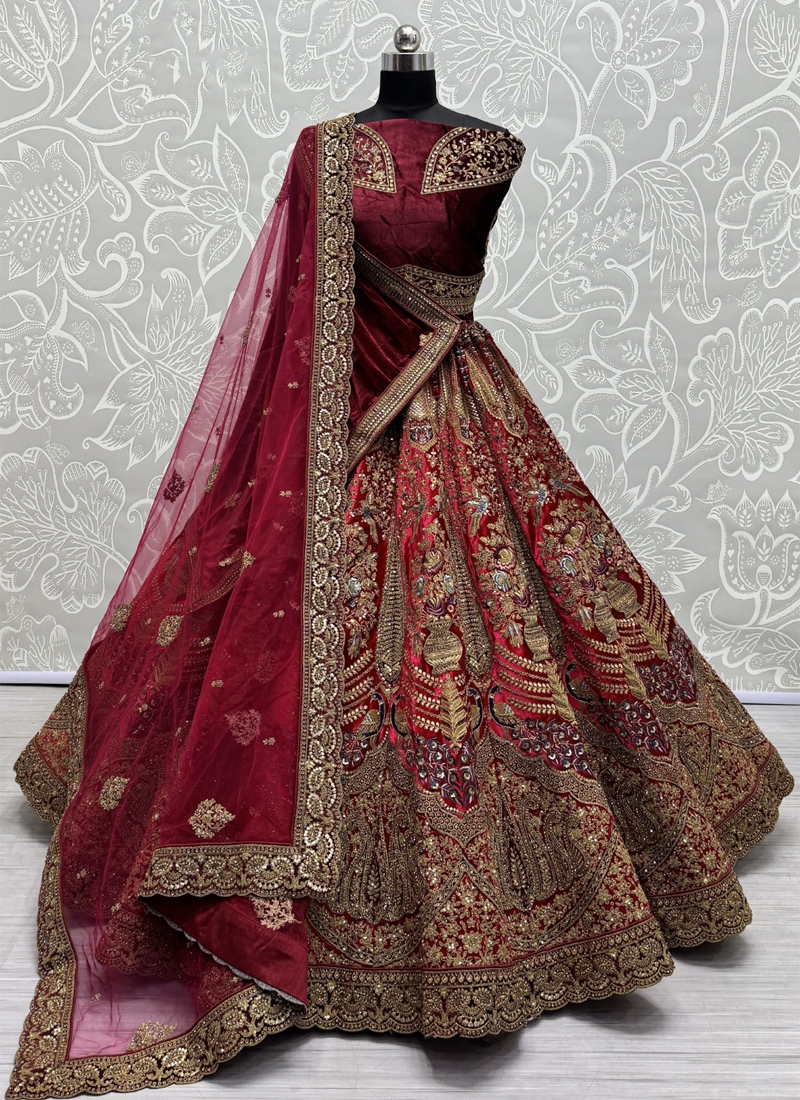 Designer soft velvet bridal lehenga with mirror work in Red