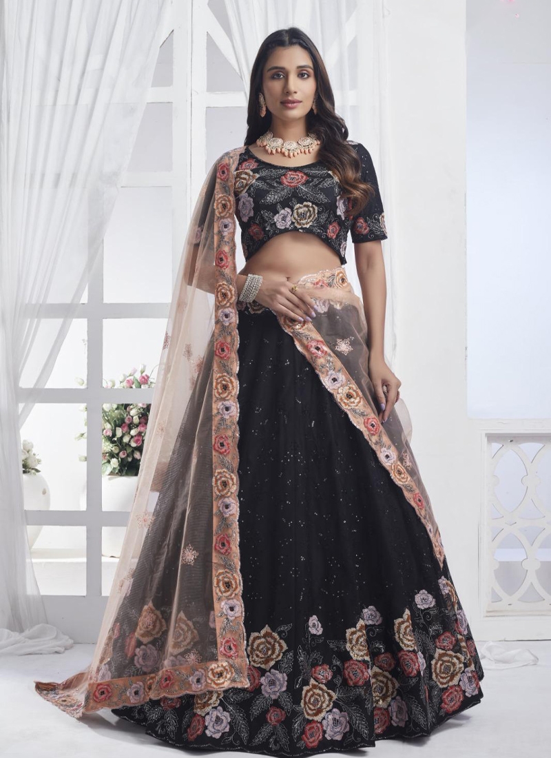 Designer soft netted lehenga with hand embroidery in Black