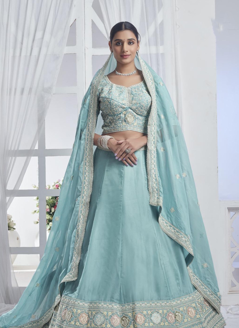 Designer soft netted lehenga with hand embroidery in Sky Blue