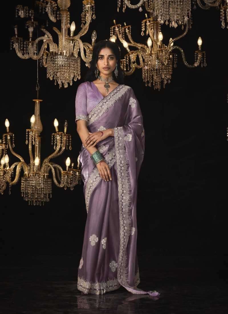 Pure silk saree with sequin, stone and zarkan work in Lavender