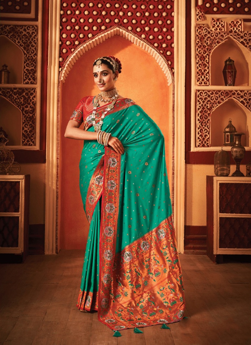 Banarasi silk saree with copper zari in Green