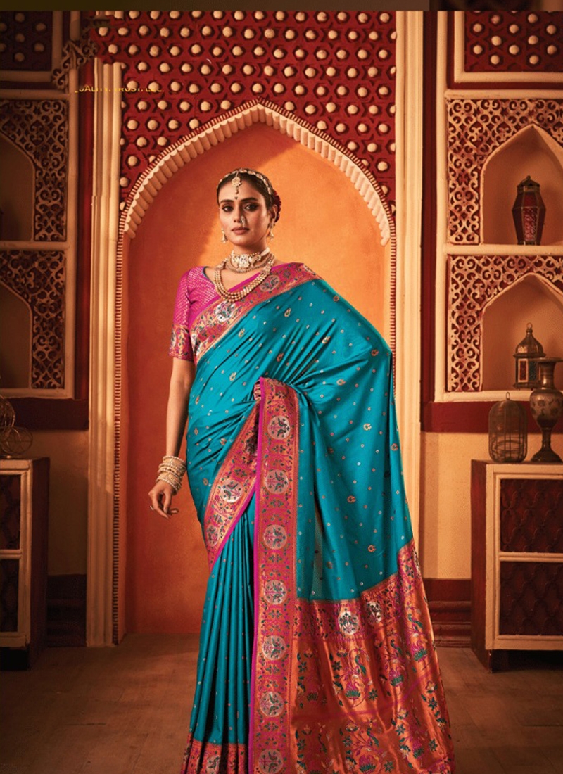 Banarasi silk saree with copper zari in Blue