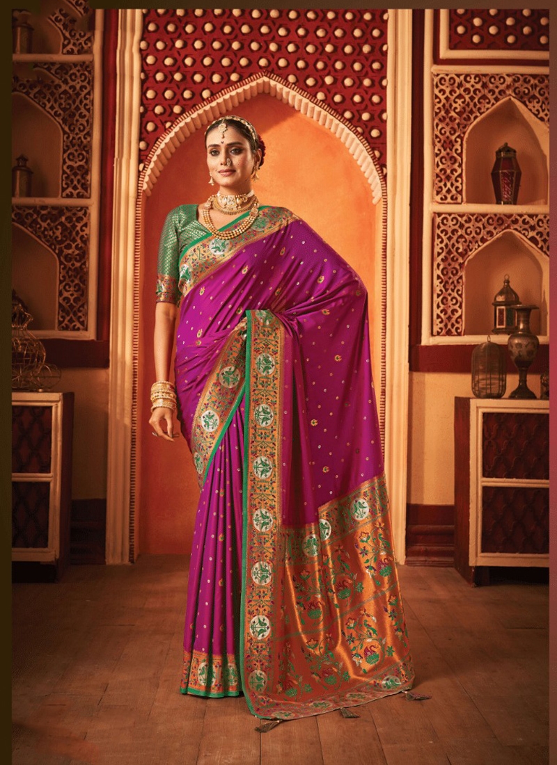 Banarasi silk saree with copper zari in Purple