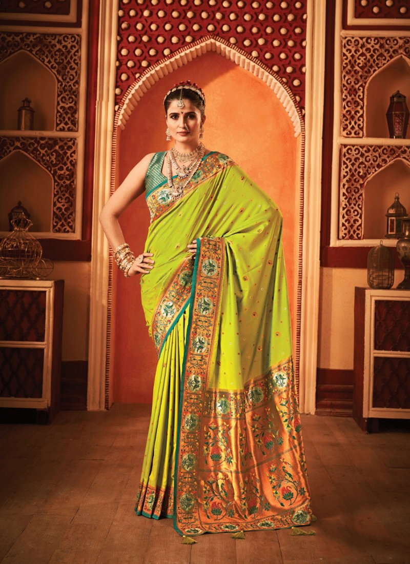 Banarasi silk saree with copper zari in Light Green