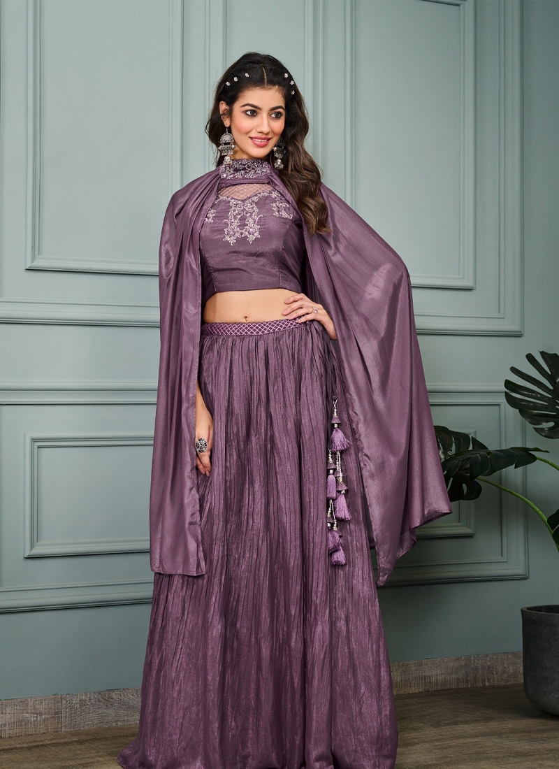 Teal faux georgette lehanga choli in Purple