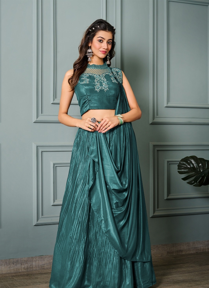 Teal faux georgette lehanga choli in Green