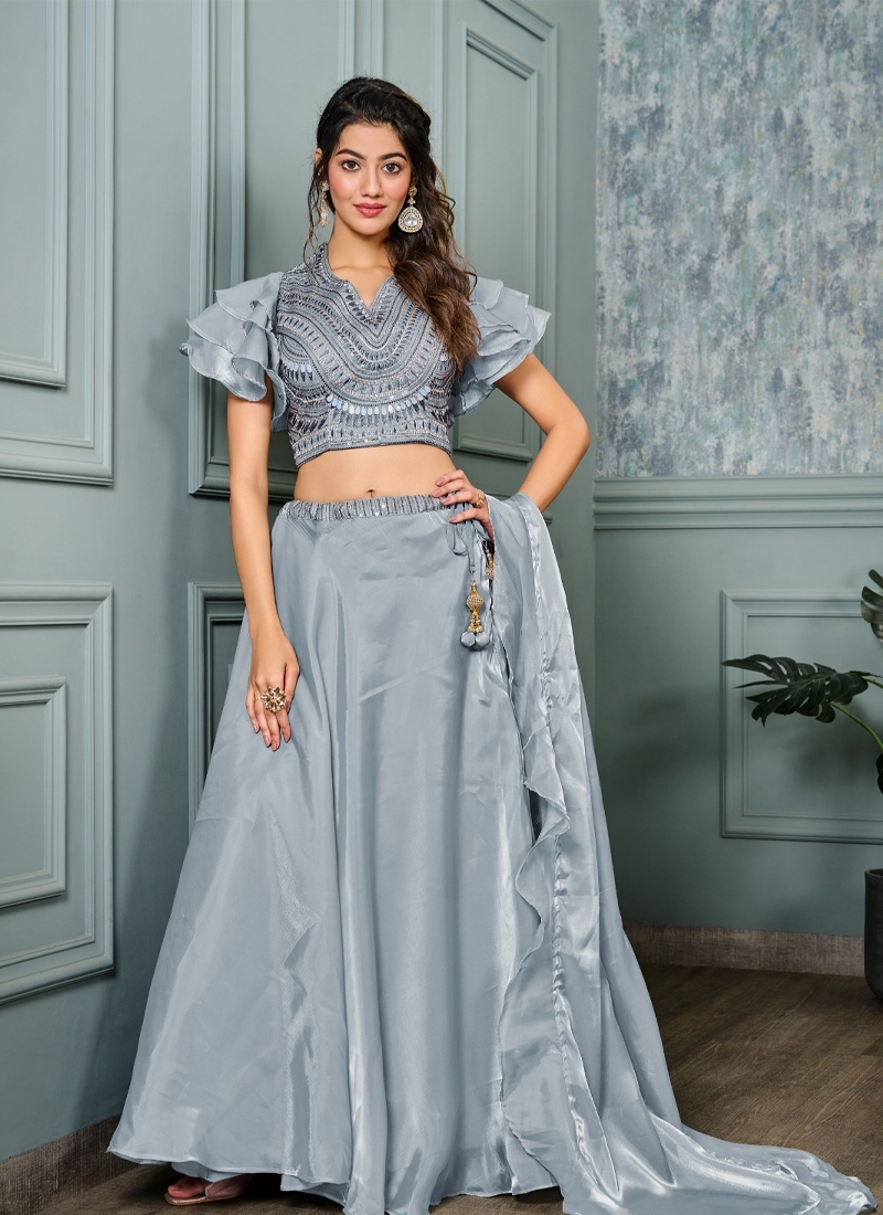 Designer flared lehenga set in grey