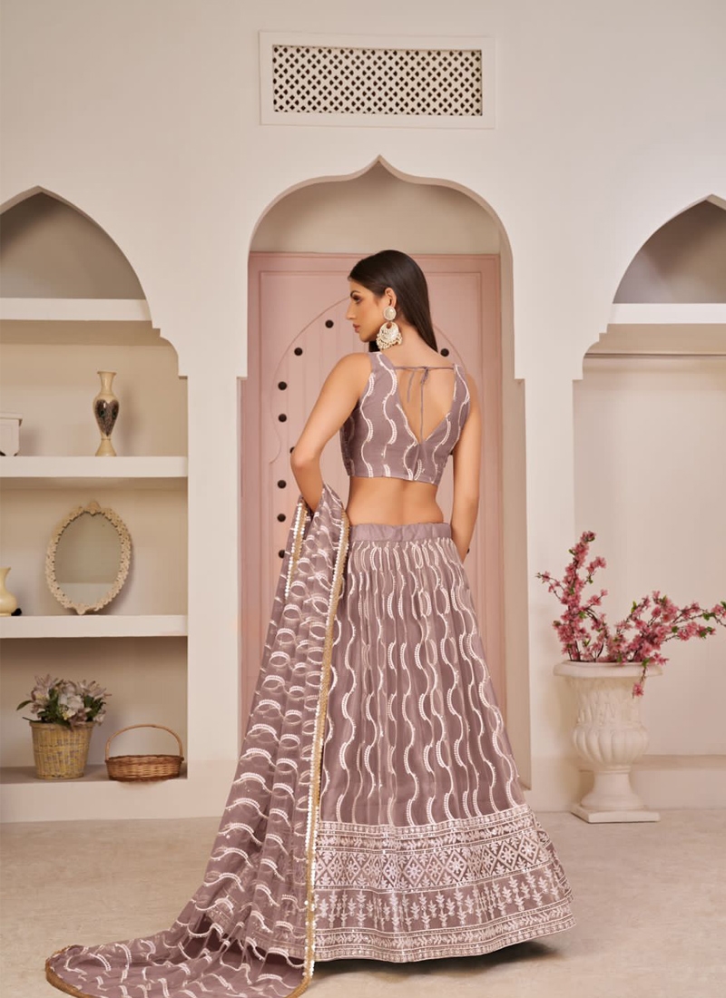 Designer butterfly net lehenga with floral embroidery in Onion Pink