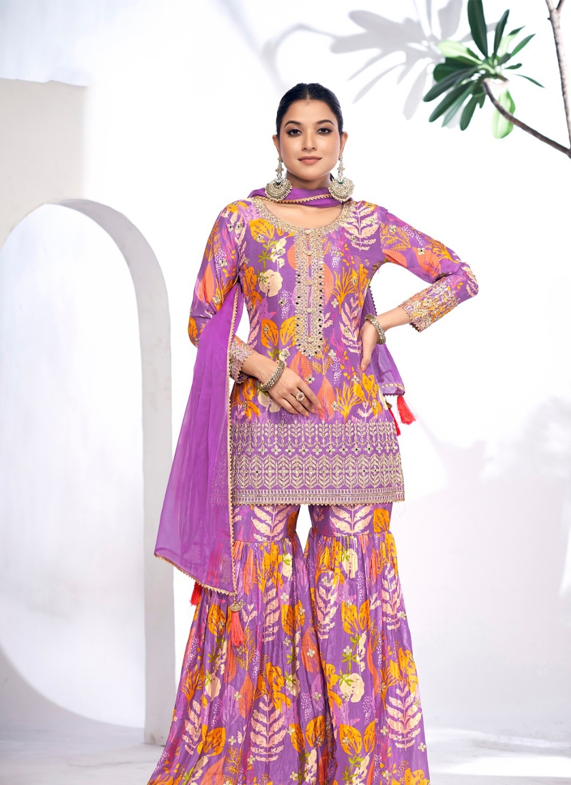 Designer sharara set with digital printing in Lavender