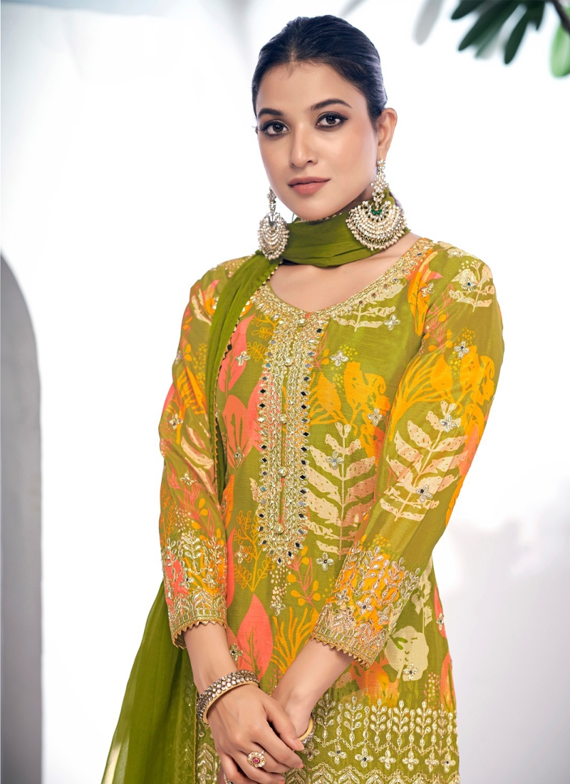 Designer sharara set with digital printing in Green