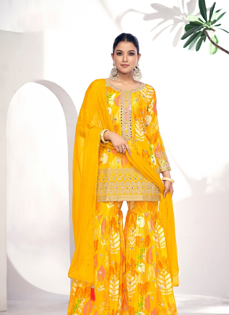 Designer sharara set with digital printing in yellow