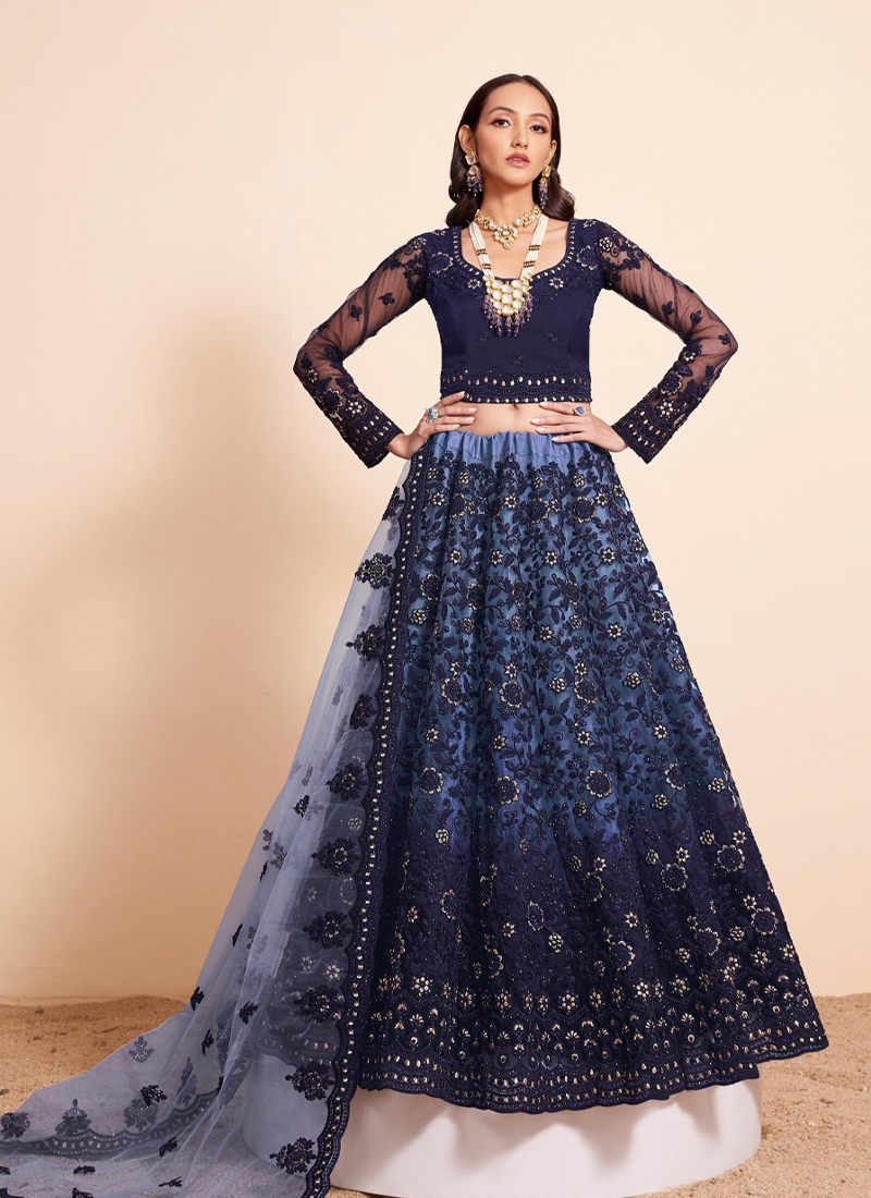 Designer net lehenga with heavy embroidery in navy blue