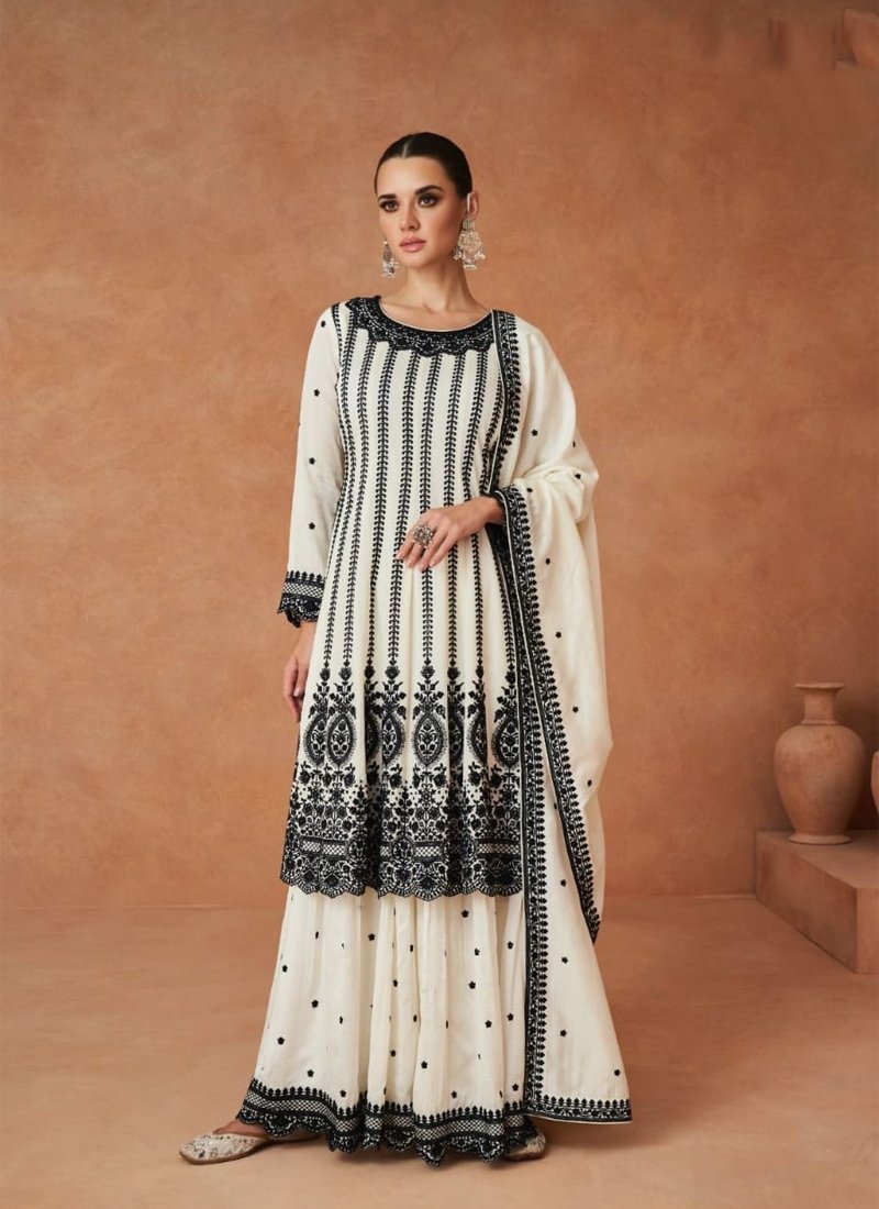 Designer chinon sharara set with hand embroidery in White