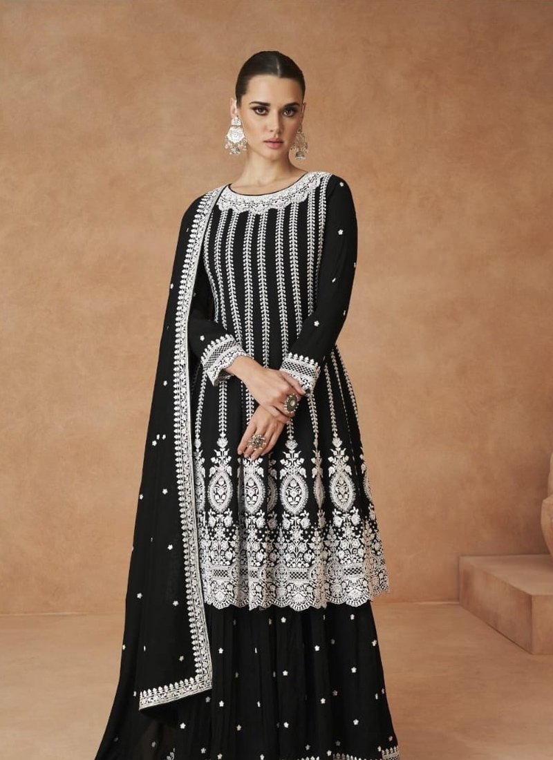 Designer chinon sharara set with hand embroidery in Black