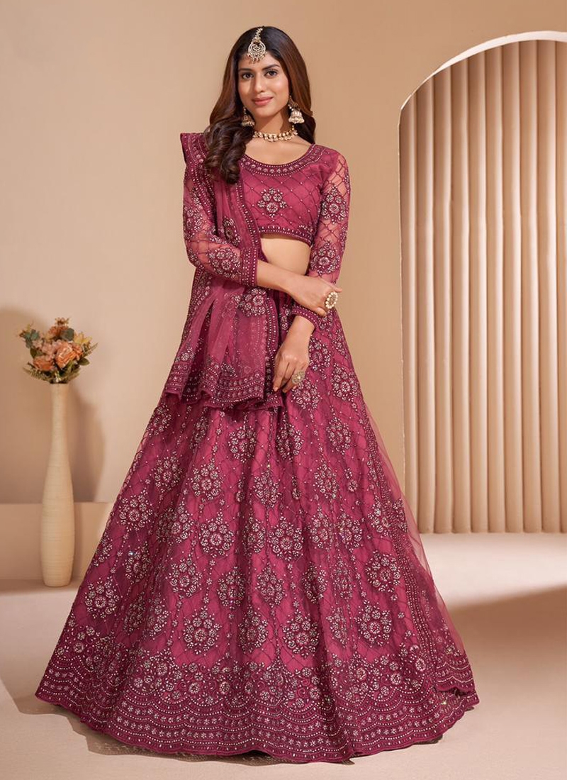 Sequins embroiderd acrylic net lehenga choli in pink