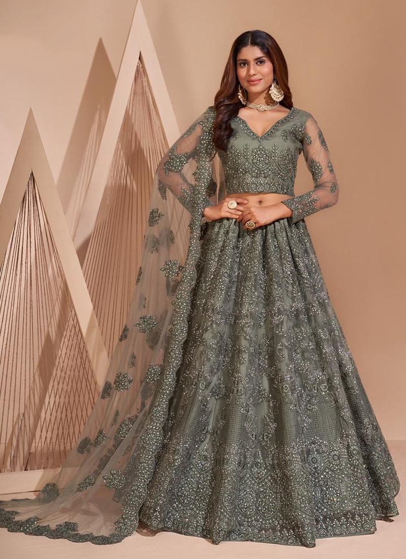 Sequins embroiderd acrylic net lehenga choli in pastel grey